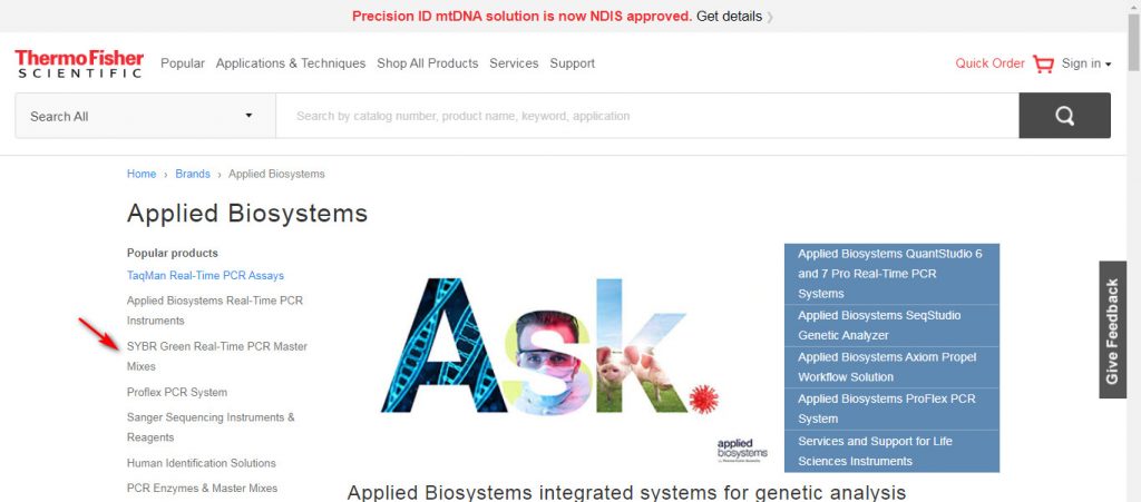 نحوه جستجو محصولات شرکت Applied Biosystems
