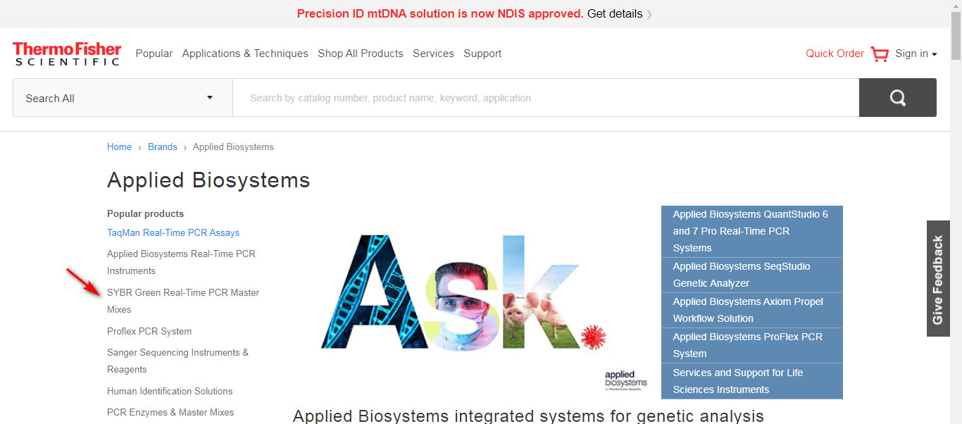 نحوه جستجو محصولات شرکت Applied Biosystems